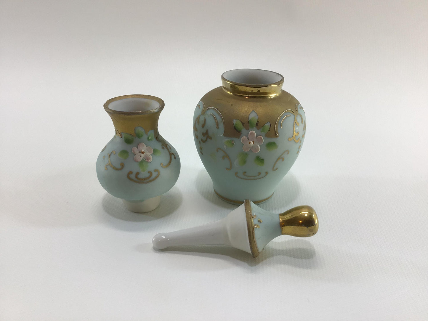 Double Perfume Bottle Antique Hand Painted Bisque Porcelain Gold and Green with Pink Flowers