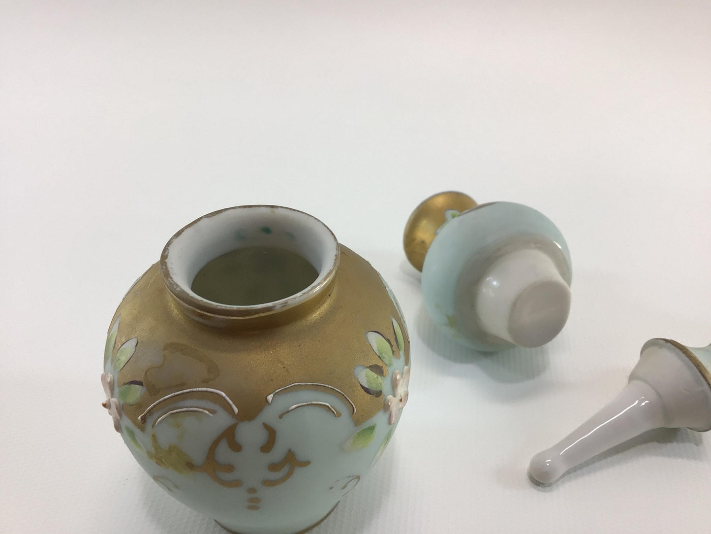 Double Perfume Bottle Antique Hand Painted Bisque Porcelain Gold and Green with Pink Flowers