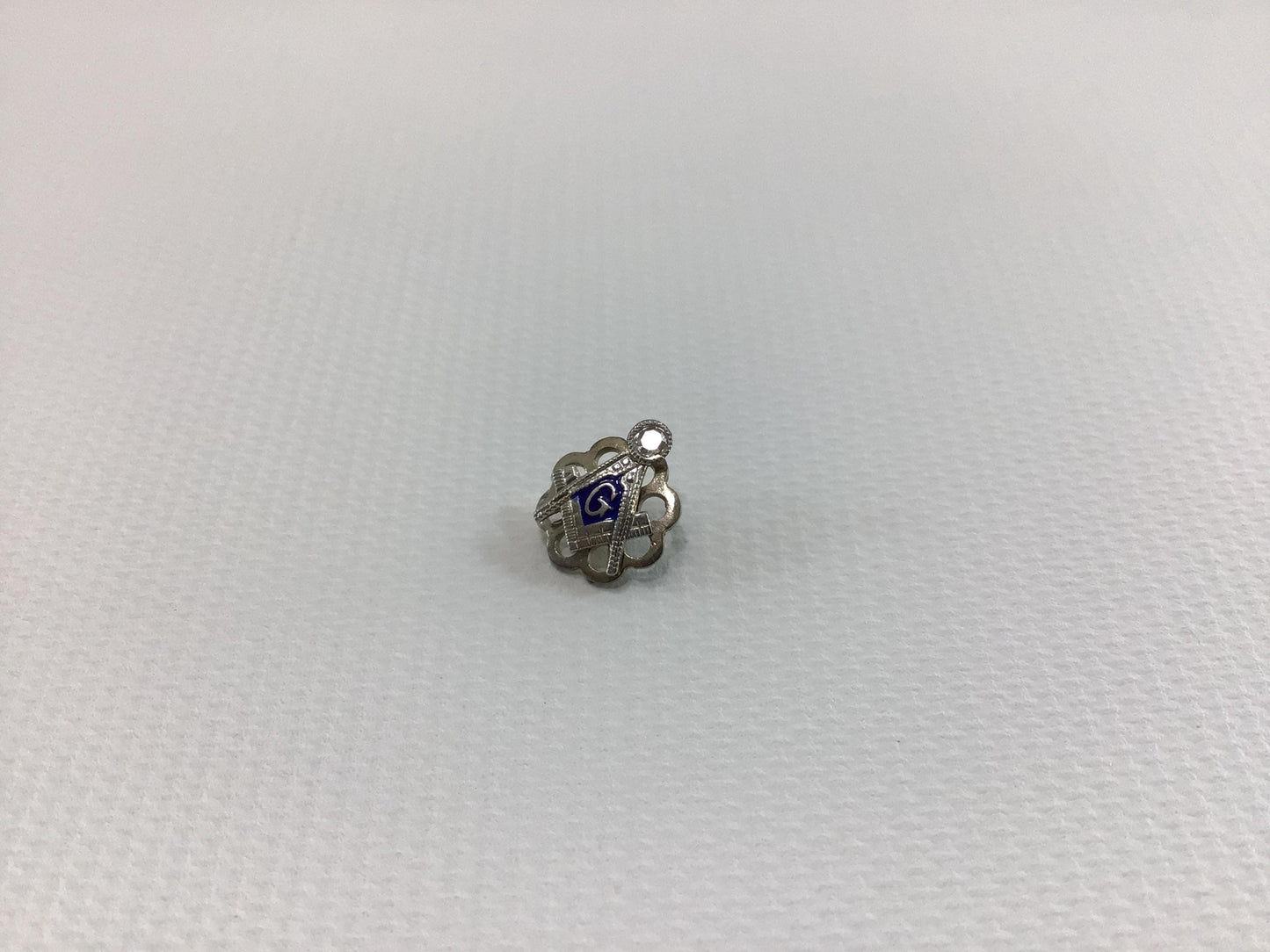 Masonic Compass and Level Pin Blue Enameled 14K White Gold with Diamond Vintage Quality Made Fashion Accessory