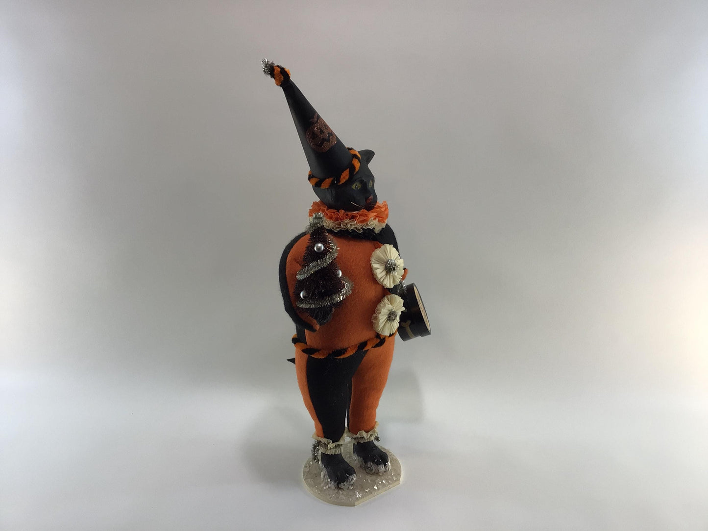 Early Bethany Lowe Halloween 20" Clown Cat Vintage Mixed Media Paper Mache Felt Art Doll with Bottle Brush Tree and Skull Candy Container