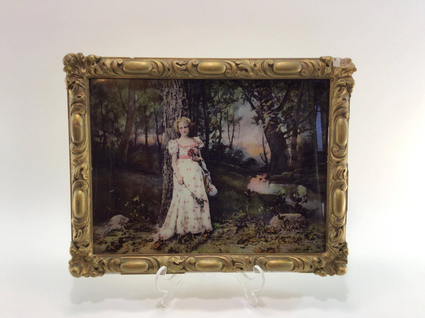 Reverse Painted Chalkware Frame Antique Art Wall Decor Young Woman at Stream Adorned in Pink Roses