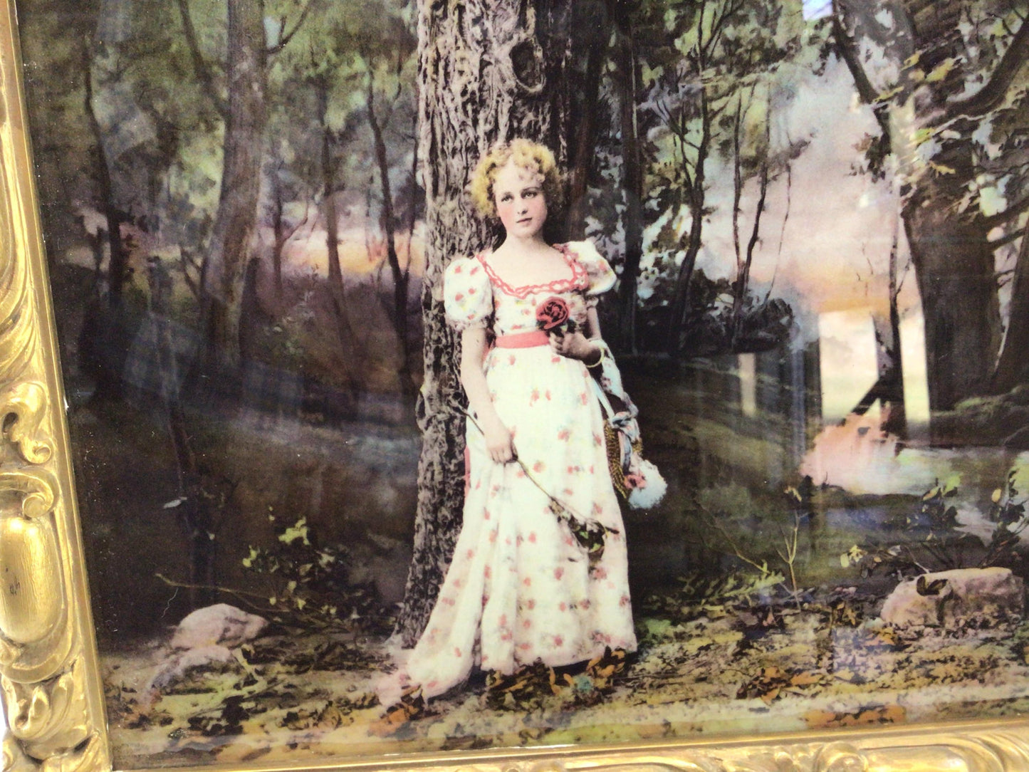 Reverse Painted Chalkware Frame Antique Art Wall Decor Young Woman at Stream Adorned in Pink Roses