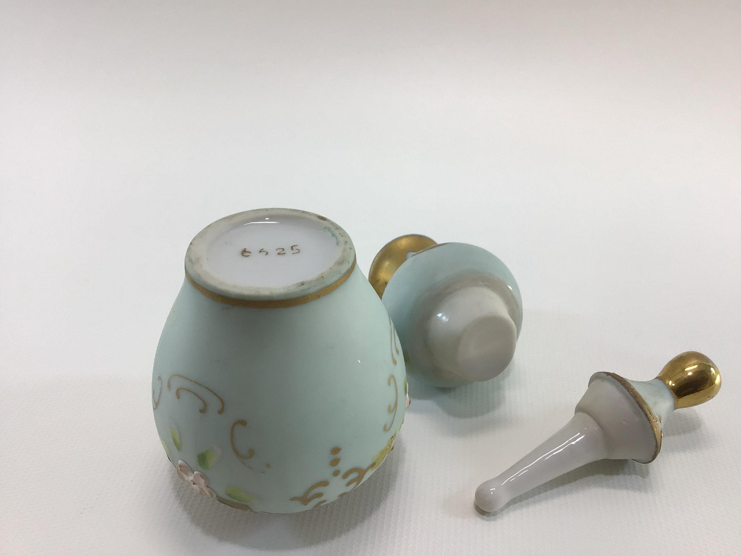 Double Perfume Bottle Antique Hand Painted Bisque Porcelain Gold and Green with Pink Flowers