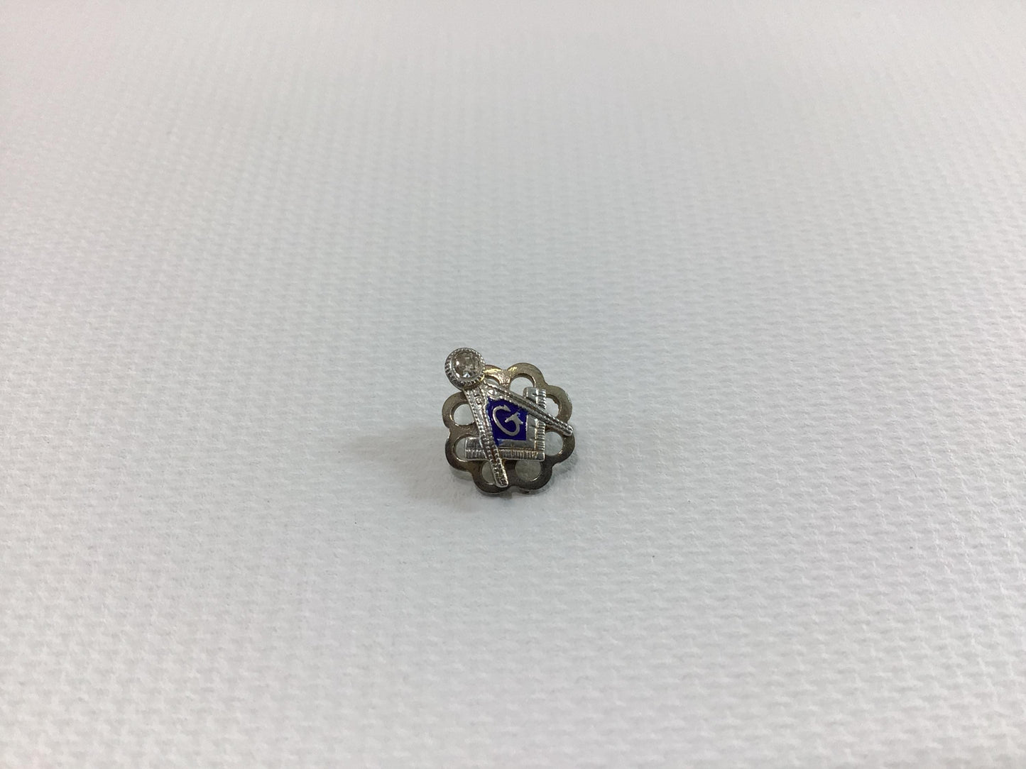 Masonic Compass and Level Pin Blue Enameled 14K White Gold with Diamond Vintage Quality Made Fashion Accessory