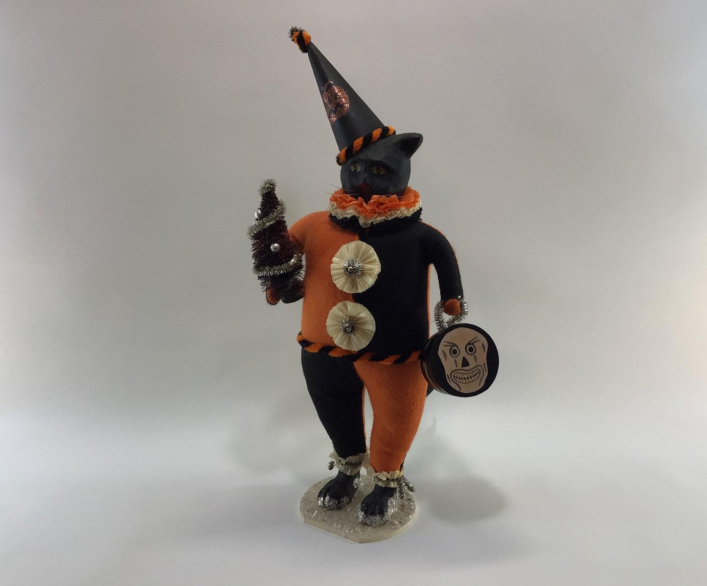 Early Bethany Lowe Halloween 20" Clown Cat Vintage Mixed Media Paper Mache Felt Art Doll with Bottle Brush Tree and Skull Candy Container