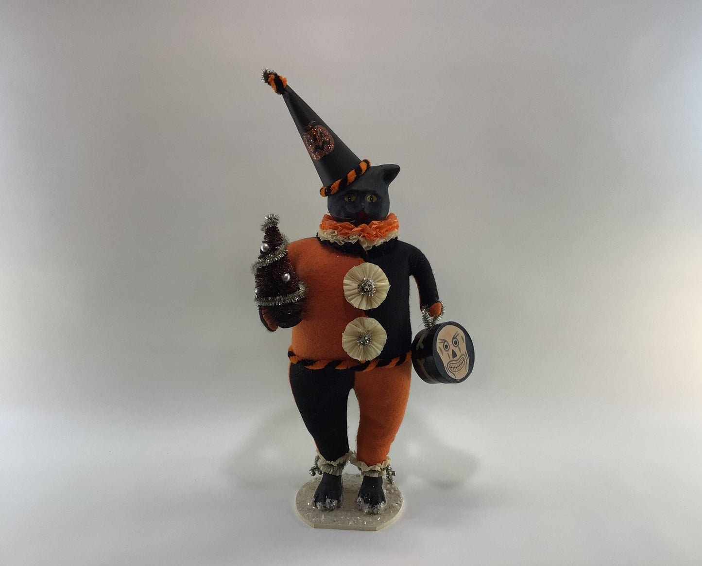 Early Bethany Lowe Halloween 20" Clown Cat Vintage Mixed Media Paper Mache Felt Art Doll with Bottle Brush Tree and Skull Candy Container