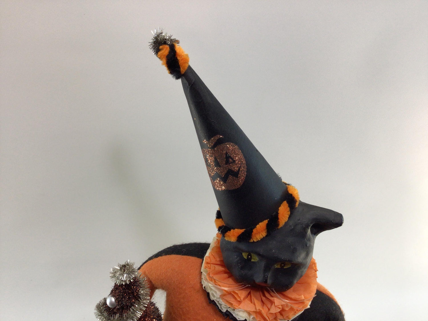 Early Bethany Lowe Halloween 20" Clown Cat Vintage Mixed Media Paper Mache Felt Art Doll with Bottle Brush Tree and Skull Candy Container