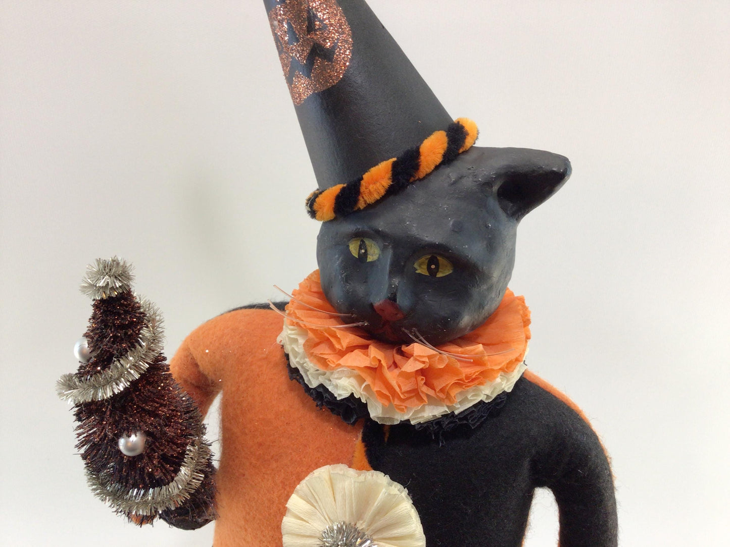 Early Bethany Lowe Halloween 20" Clown Cat Vintage Mixed Media Paper Mache Felt Art Doll with Bottle Brush Tree and Skull Candy Container