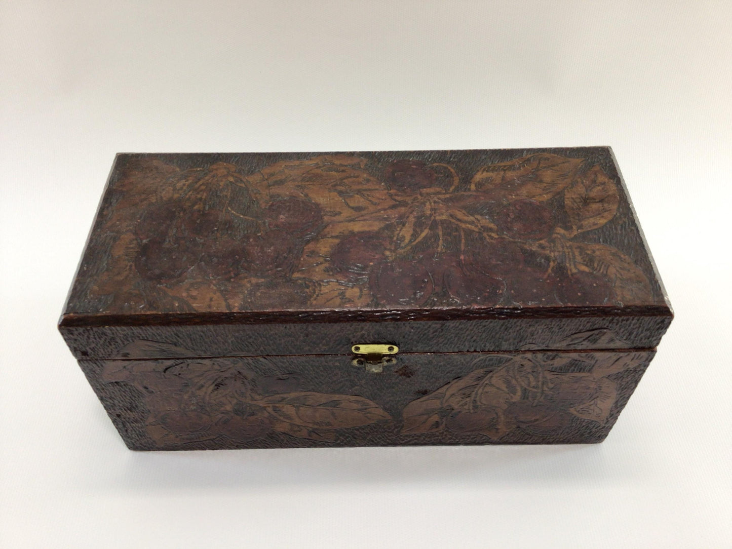 Antique Flemish Art Pyrography Glove Box Cherries Motif Rustic Home Decor Trinket Jewelry Storage Container