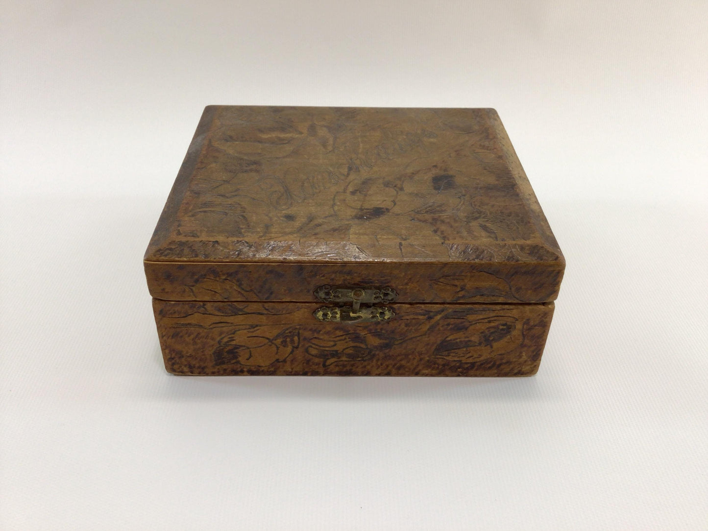 Antique Flemish Art Pyrography Handkerchief Box with Rose Motif Rustic Home Decor Trinket Jewelry Storage Container
