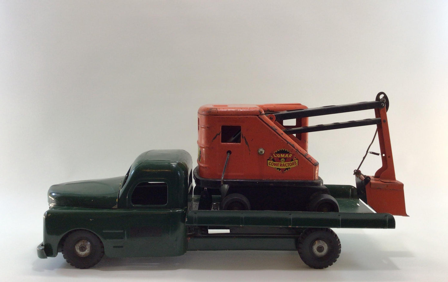 Structo Flatbed Tow Truck with Marx Power Shovel Excavator Vintage 1950s Pressed Steel Construction Toys