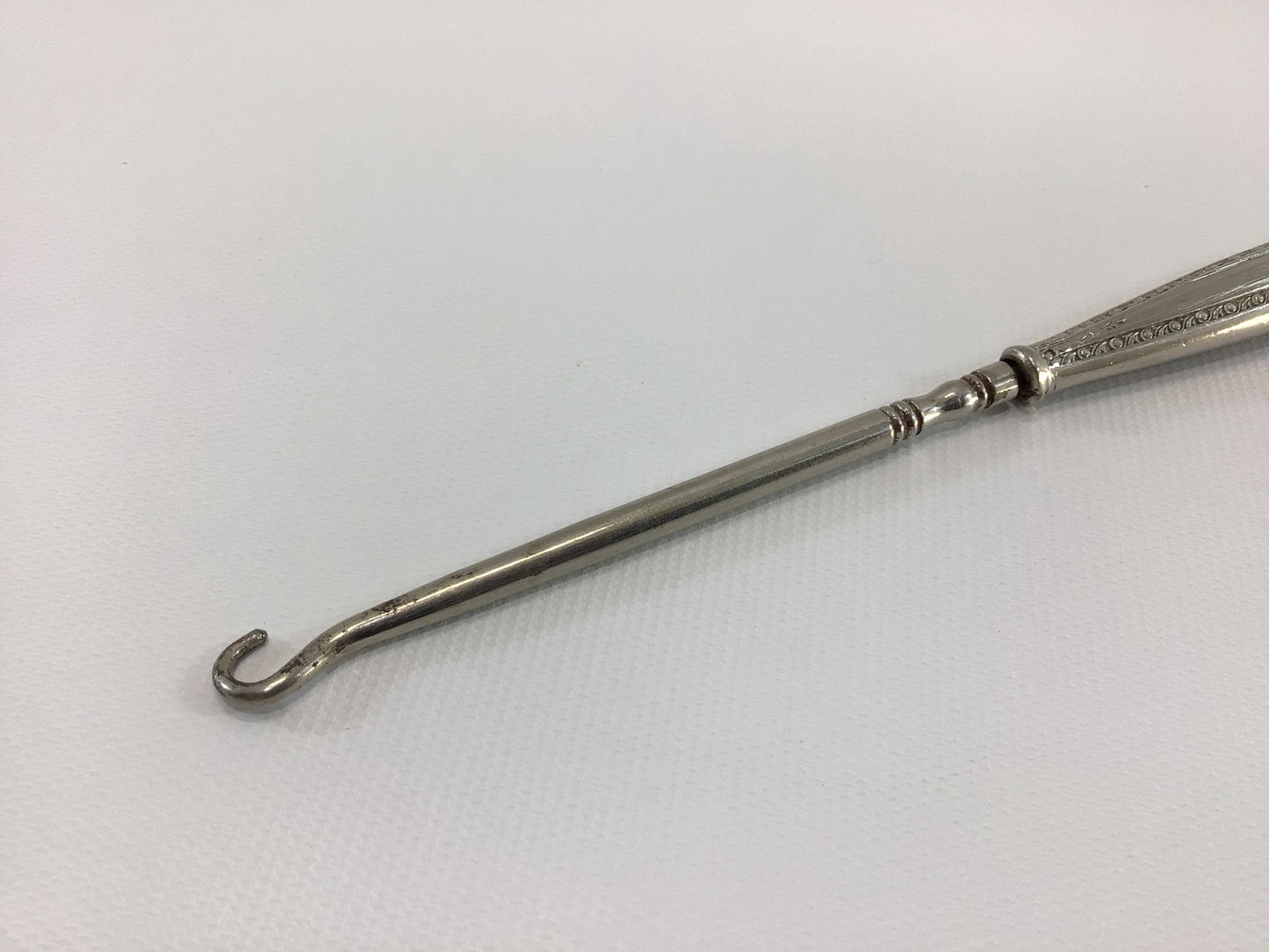 Antique 8" Nickel Chrome Handle Button Hook Collectible Victorian Hand Tool for Shoes Gloves Corsets