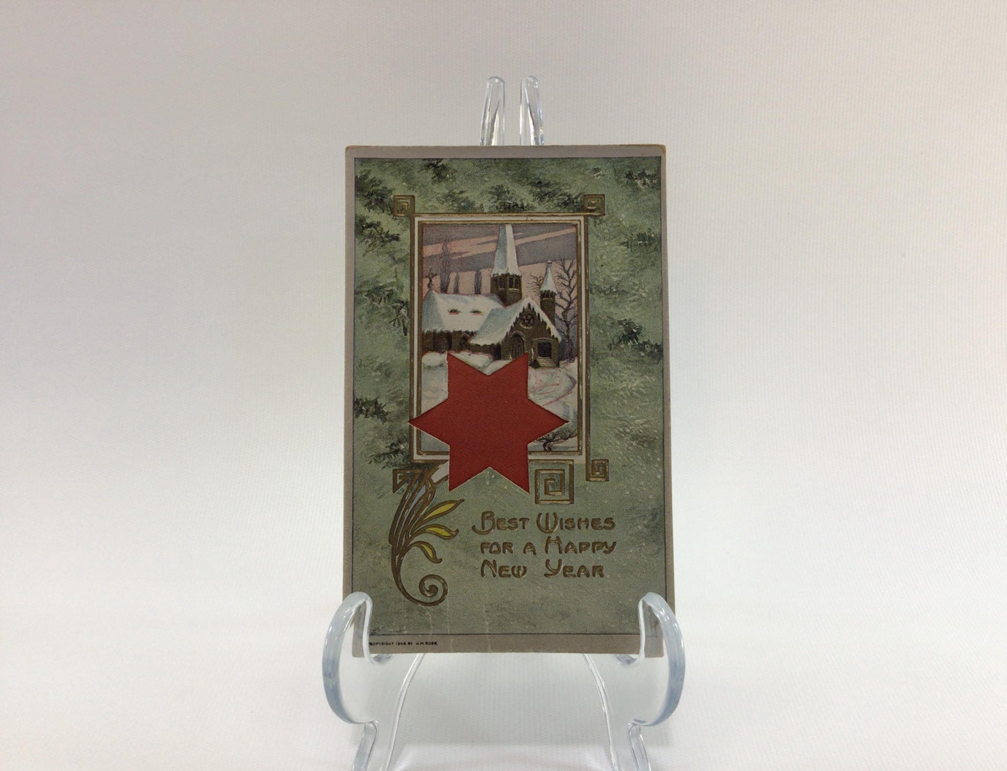 Antique New Year Postcard Embossed Cut-out Red Star