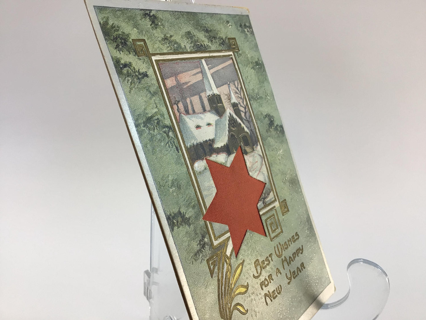 Antique New Year Postcard Embossed Cut-out Red Star