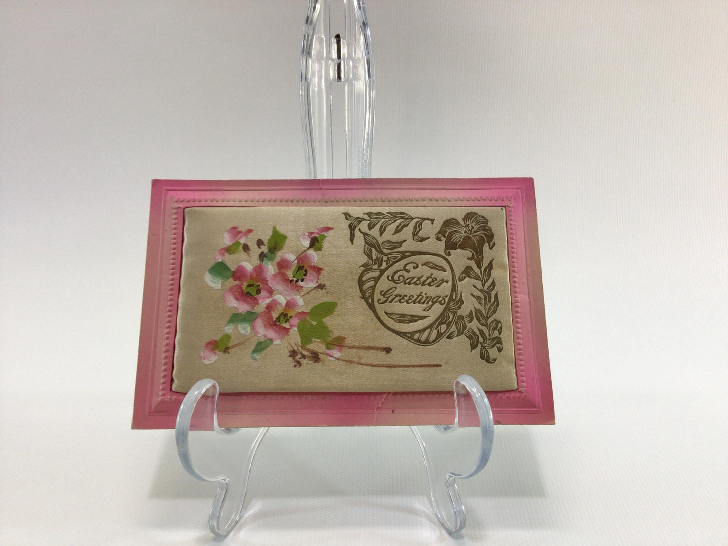 Antique Easter Applied Novelty Postcard Embossed Padded Fabric Floral Motif