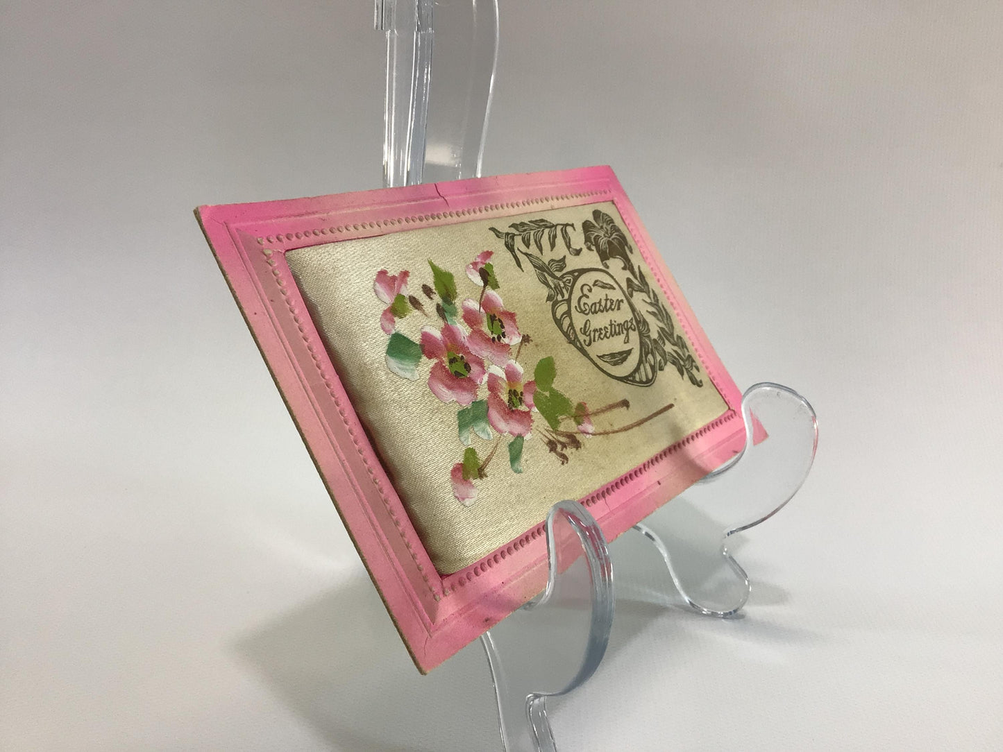 Antique Easter Applied Novelty Postcard Embossed Padded Fabric Floral Motif