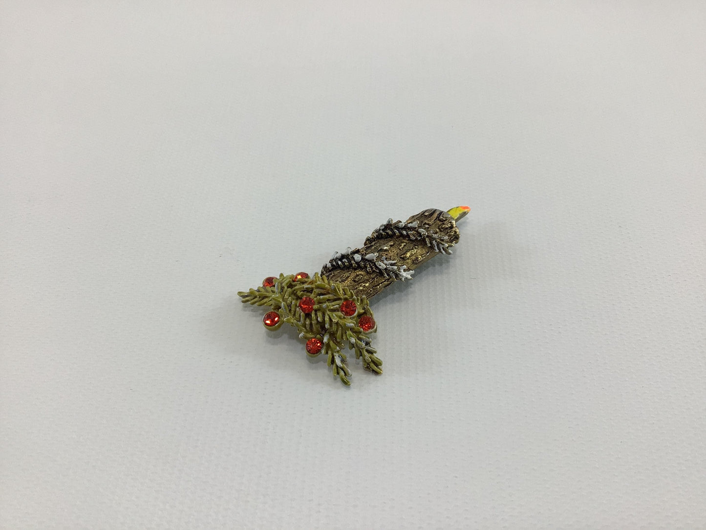 Christmas Holiday Candle Brooch Gold Tone Enamel with Orange Rhinestones Vintage 1970s Fashion Accessory