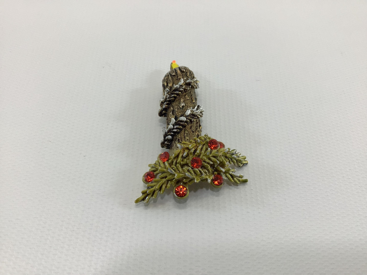 Christmas Holiday Candle Brooch Gold Tone Enamel with Orange Rhinestones Vintage 1970s Fashion Accessory