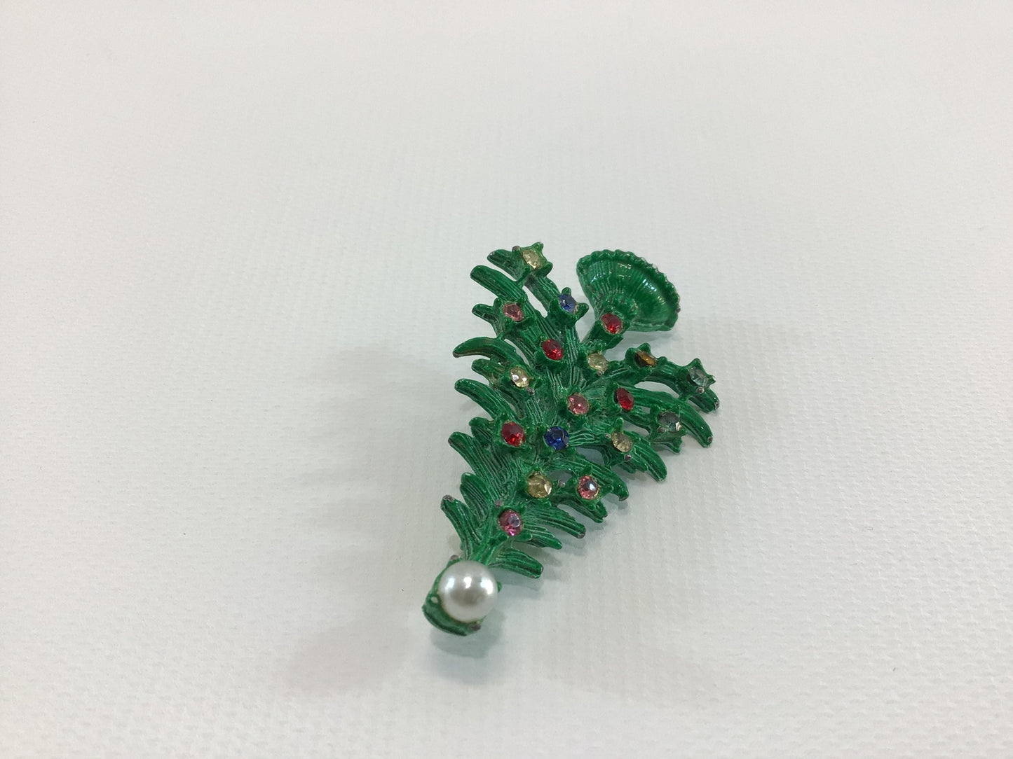 Christmas Tree Holiday Brooch Green Enamel with Rhinestones and Faux Pearl Topper Vintage 1970s Fashion Accessory