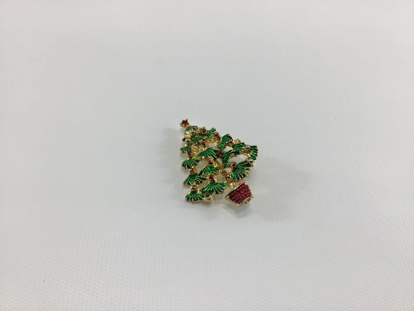 Christmas Tree Holiday Brooch Gold Tone Enamel and Rhinestone Vintage 1970s Fashion Accessory