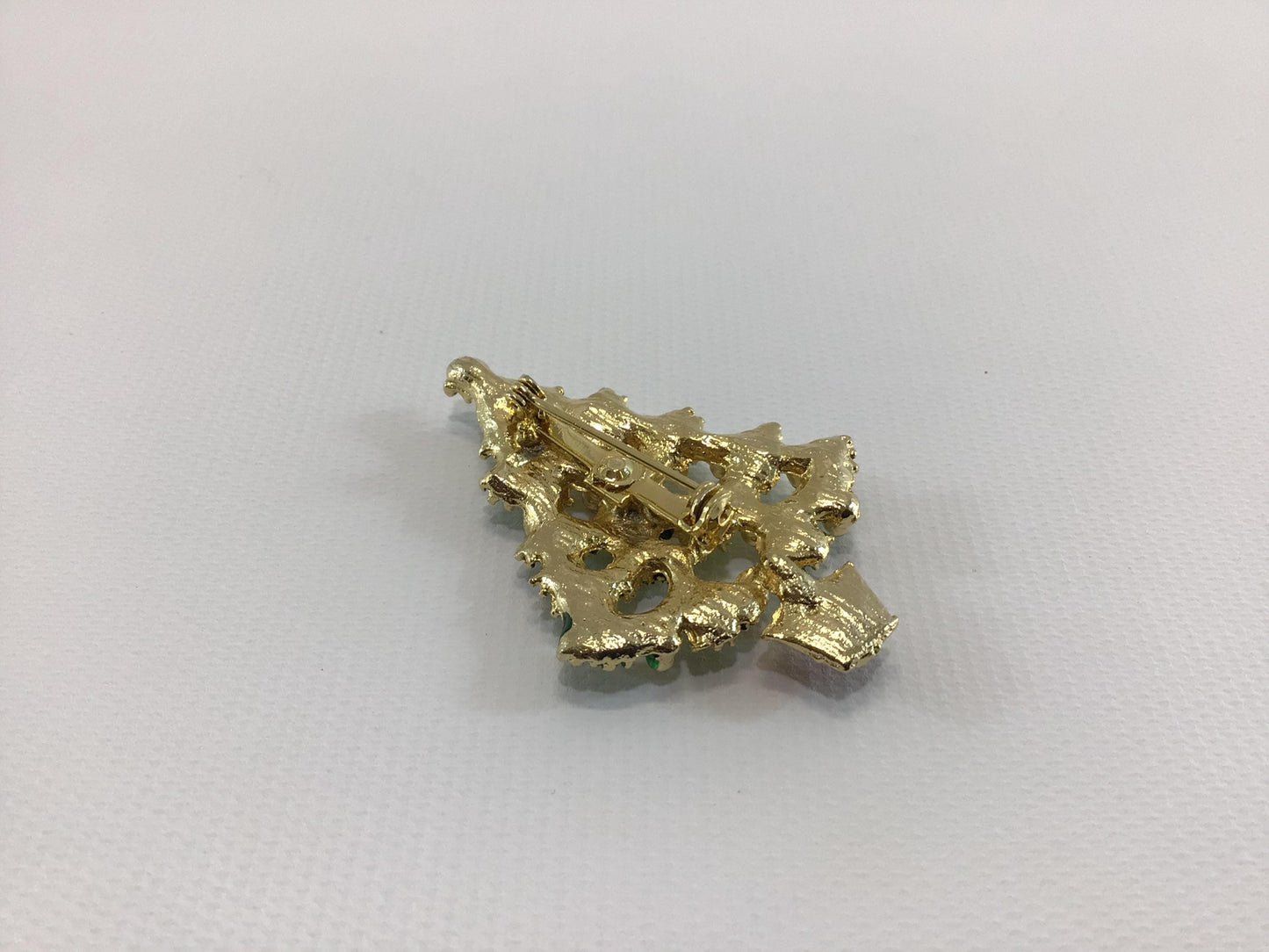 Christmas Tree Holiday Brooch Gold Tone Enamel and Rhinestone Vintage 1970s Fashion Accessory