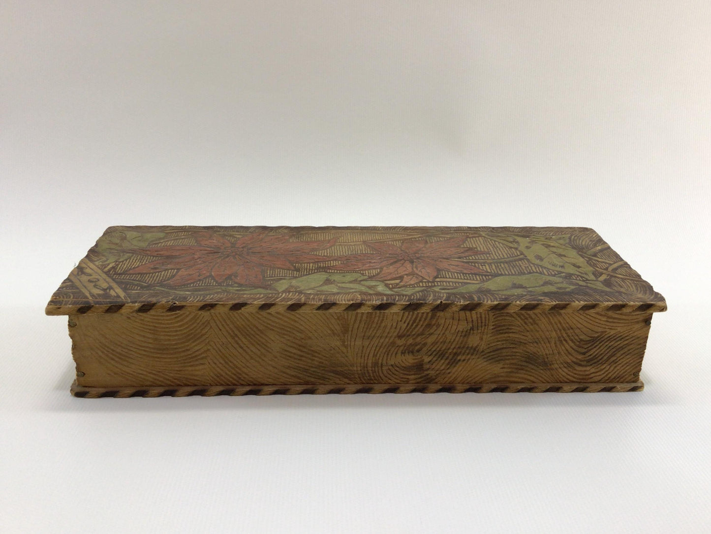 Antique Flemish Art Pyrography Cedar Glove Box Poinsettia Motif Rustic Home Decor Trinket Jewelry Storage Container