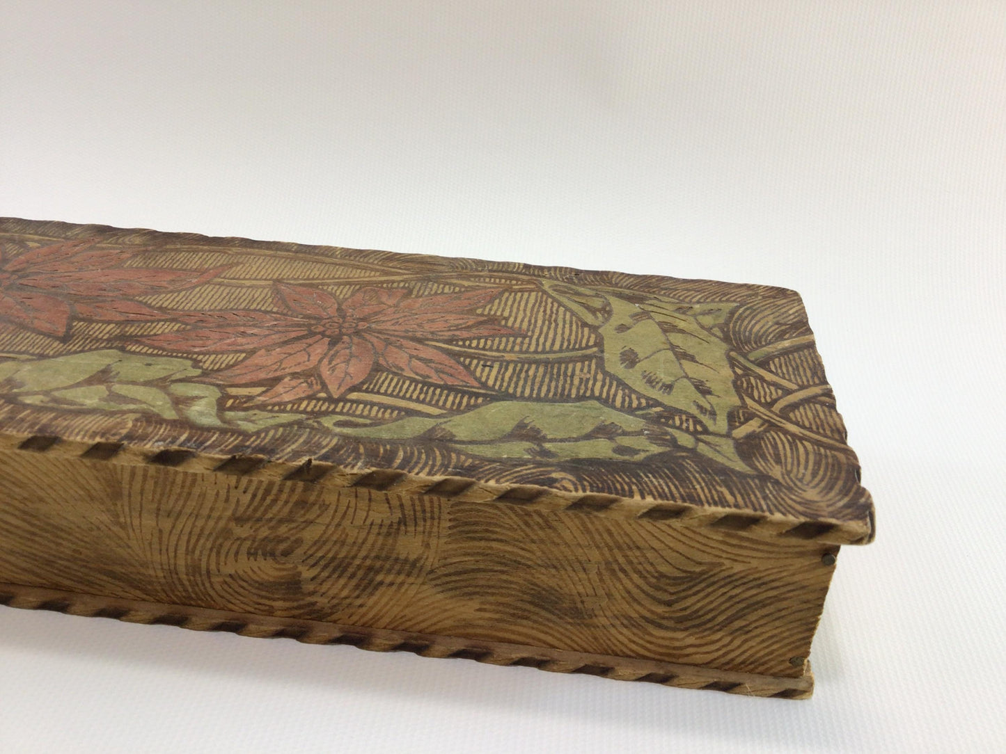Antique Flemish Art Pyrography Cedar Glove Box Poinsettia Motif Rustic Home Decor Trinket Jewelry Storage Container