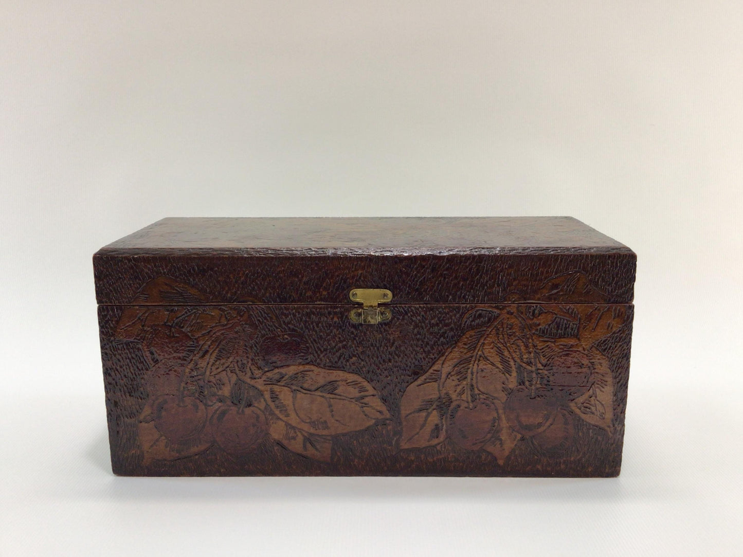 Antique Flemish Art Pyrography Glove Box Cherries Motif Rustic Home Decor Trinket Jewelry Storage Container