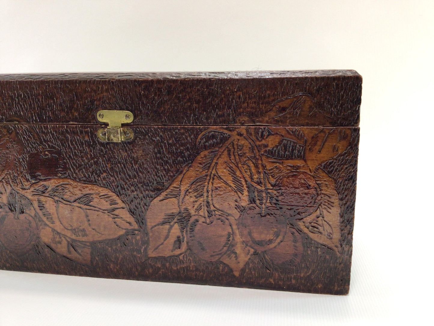 Antique Flemish Art Pyrography Glove Box Cherries Motif Rustic Home Decor Trinket Jewelry Storage Container
