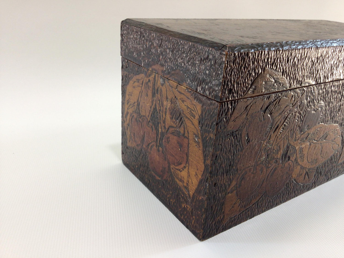 Antique Flemish Art Pyrography Glove Box Cherries Motif Rustic Home Decor Trinket Jewelry Storage Container