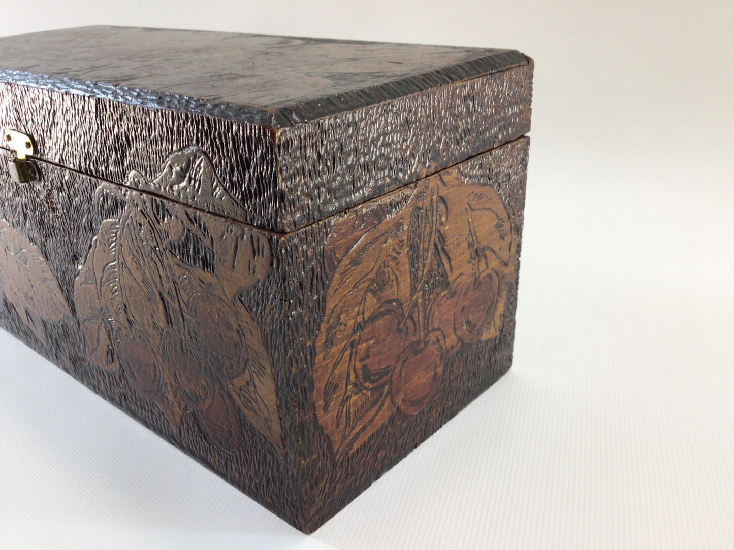 Antique Flemish Art Pyrography Glove Box Cherries Motif Rustic Home Decor Trinket Jewelry Storage Container