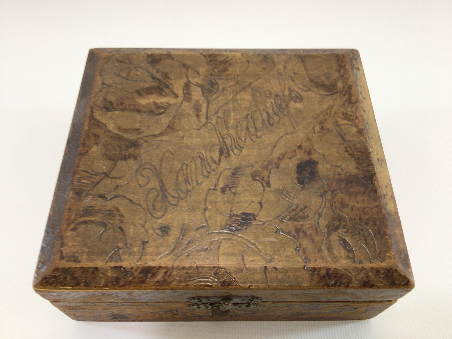 Antique Flemish Art Pyrography Handkerchief Box with Rose Motif Rustic Home Decor Trinket Jewelry Storage Container