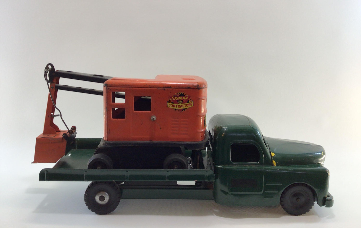 Structo Flatbed Tow Truck with Marx Power Shovel Excavator Vintage 1950s Pressed Steel Construction Toys