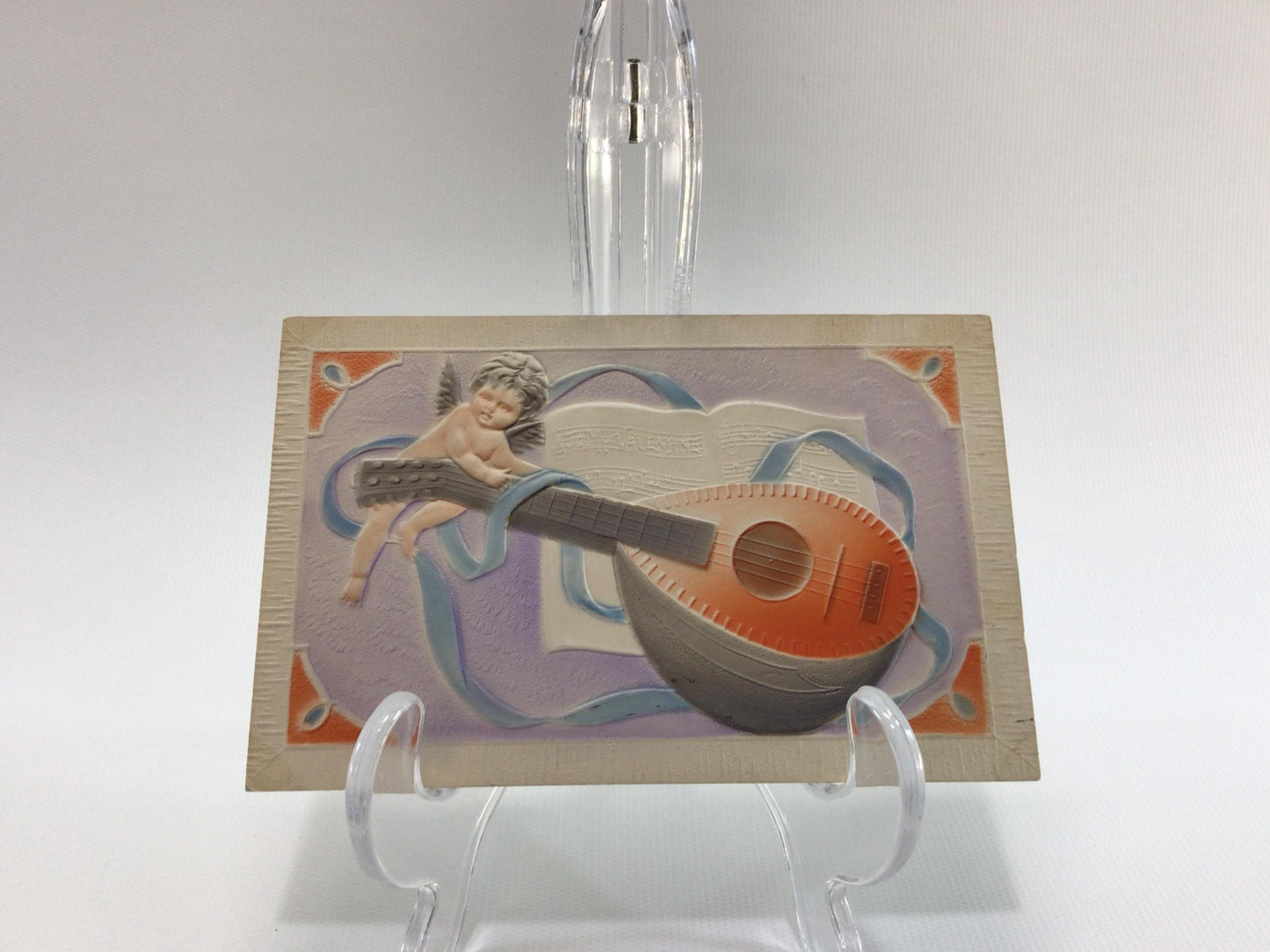 Valentines Day Postcard Airbrush Embossed Cupid and Mandolin Antique Ephemera