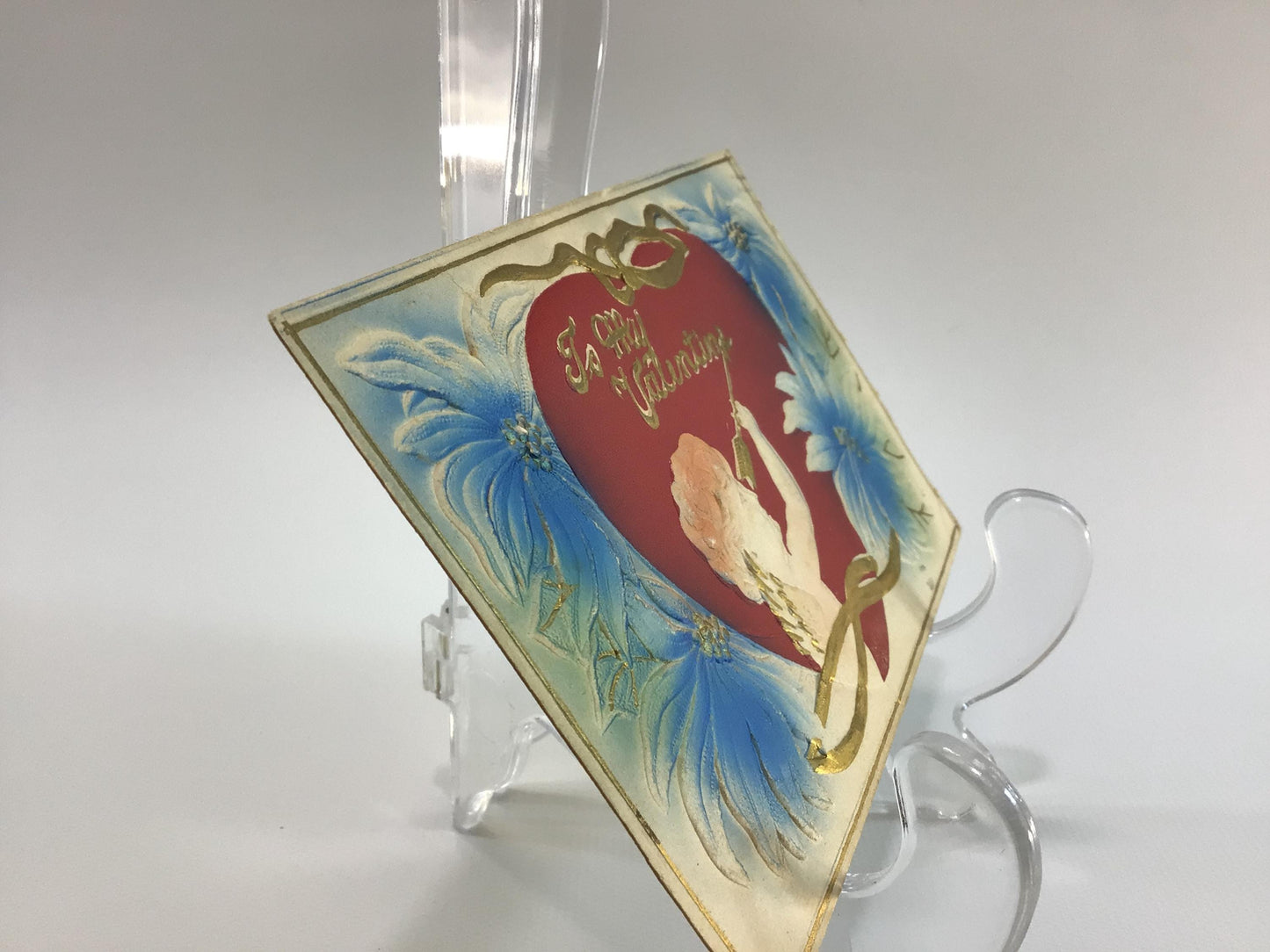 Valentines Day Postcard Airbrush Embossed Red Heart with Cupid Antique Ephemera