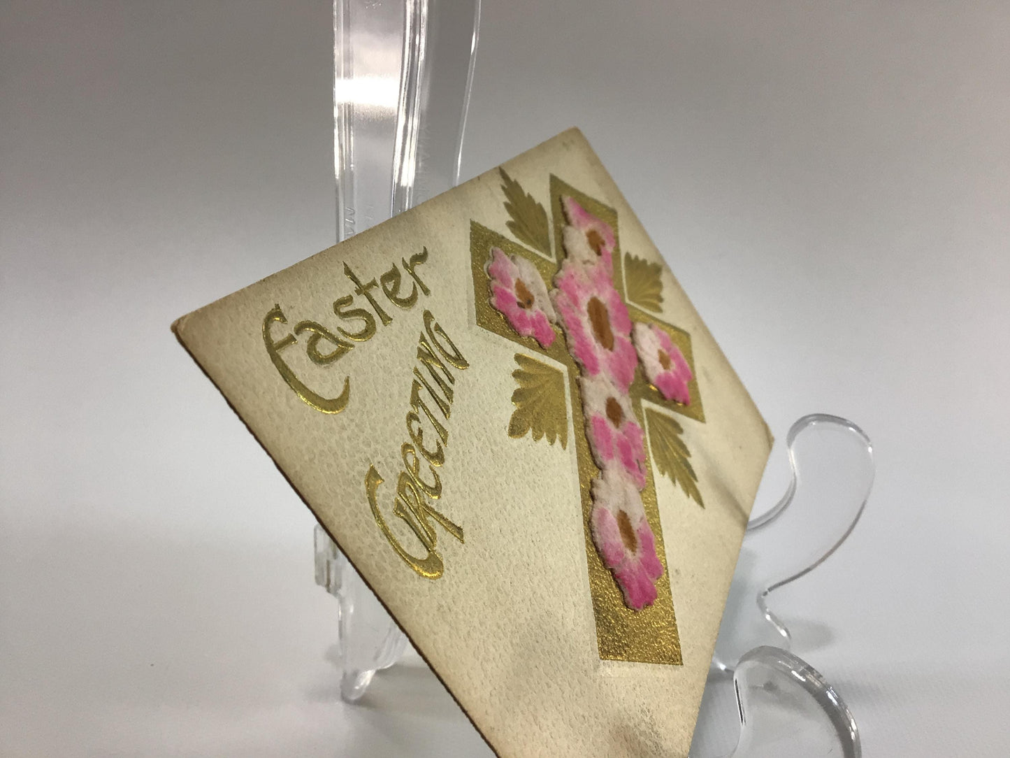 Antique Easter Applied Novelty Postcard Embossed Gold Gilt with Flocked Pink Flowers