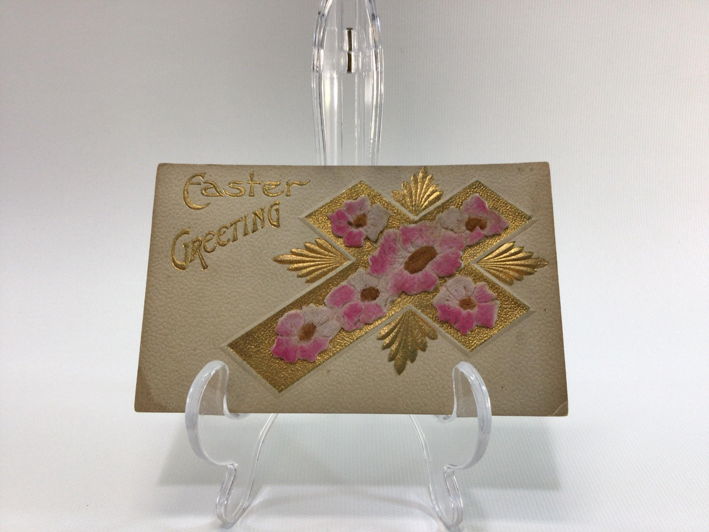 Antique Easter Applied Novelty Postcard Embossed Gold Gilt with Flocked Pink Flowers