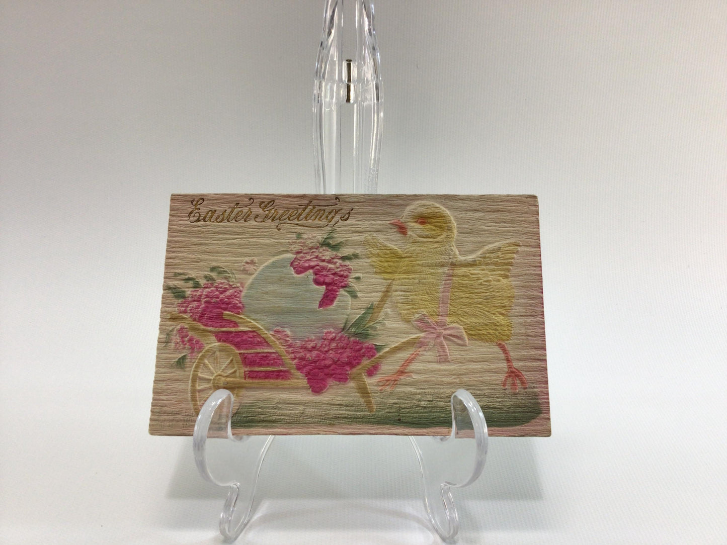 Antique Easter Greetings Novelty Postcard Textured Embossed Chick with Cart