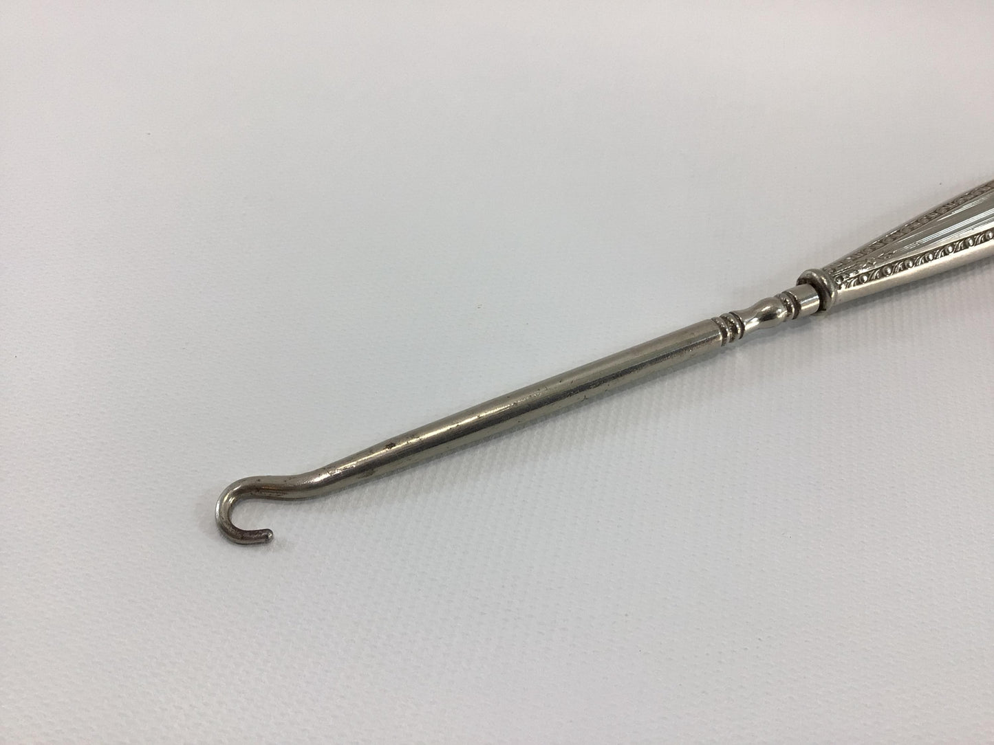 Antique 8" Nickel Chrome Handle Button Hook Collectible Victorian Hand Tool for Shoes Gloves Corsets