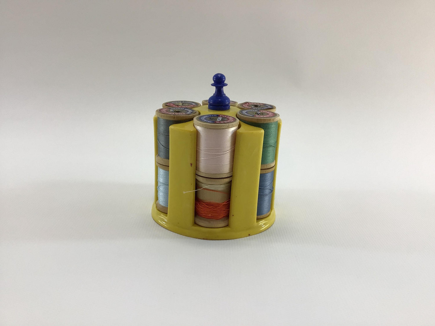Thread Caddy Yellow Hard Plastic Vintage Sewing Notion Organizer with Coats & Clark Wood Spools