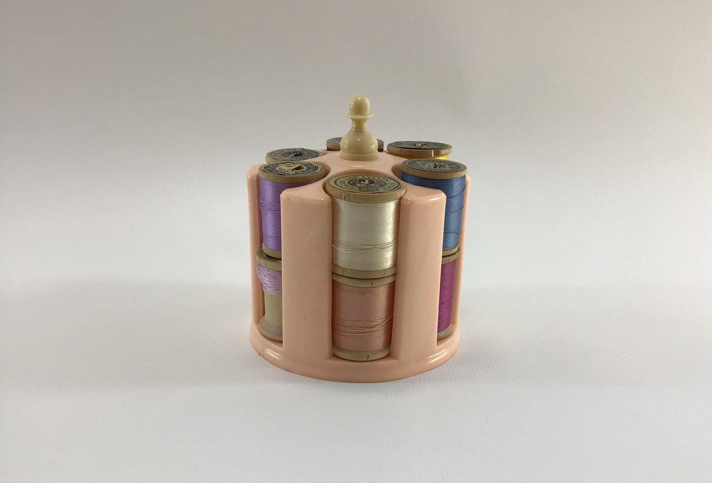 Thread Caddy Pink Hard Plastic Vintage Sewing Notion Organizer with Coats & Clark Wood Spools