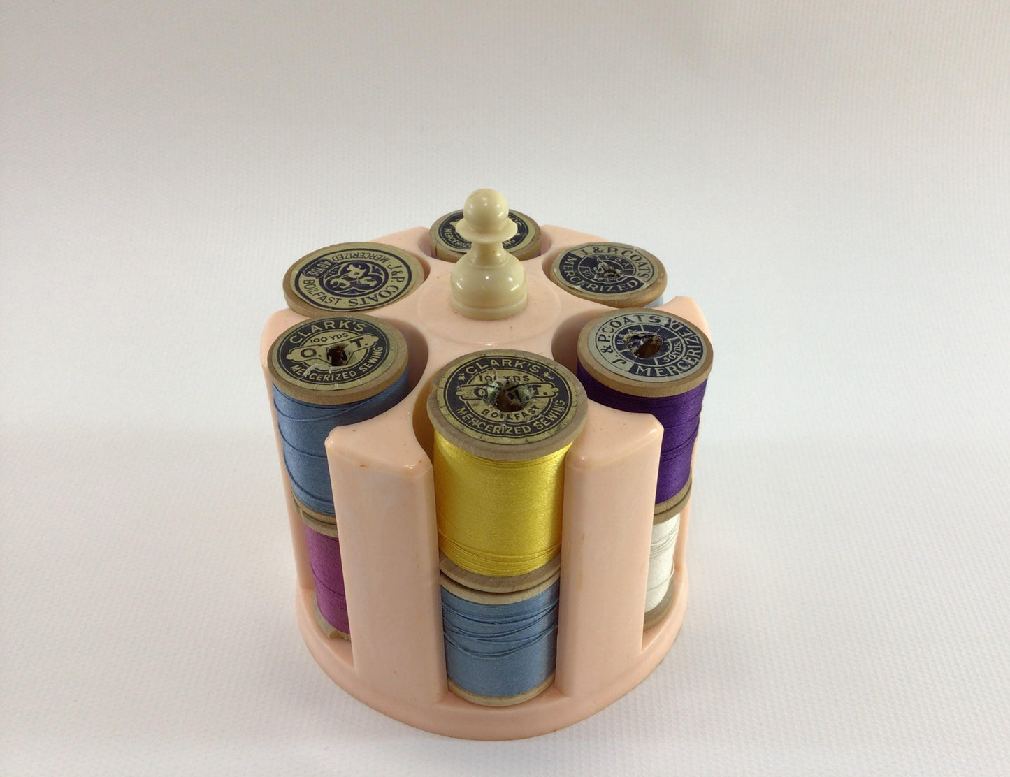 Thread Caddy Pink Hard Plastic Vintage Sewing Notion Organizer with Coats & Clark Wood Spools