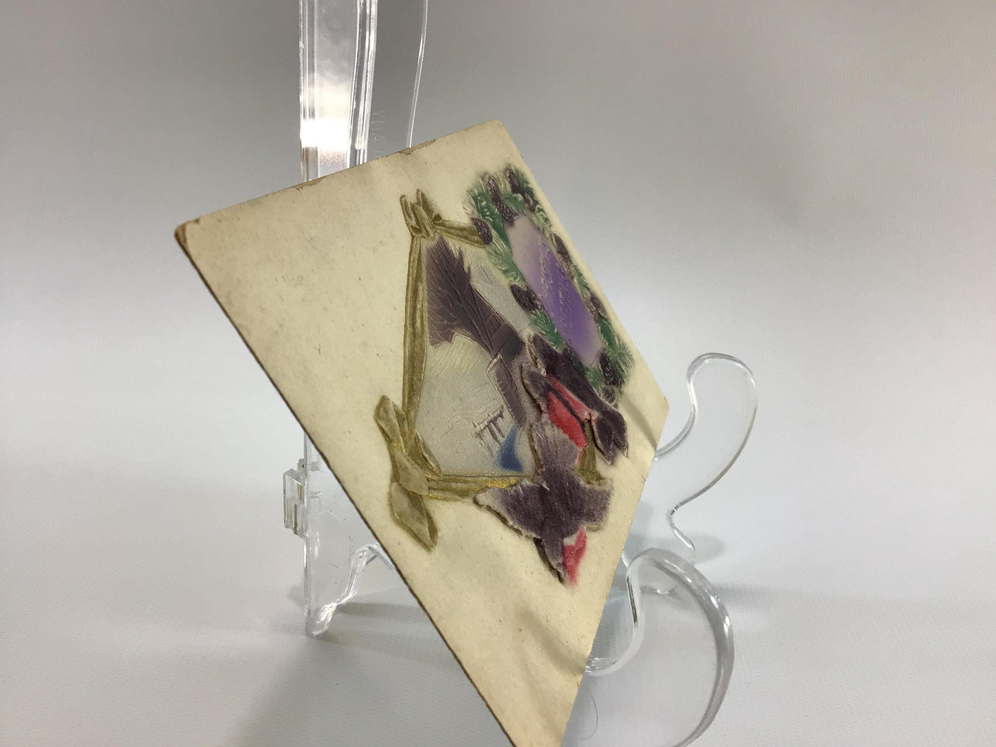 Applique Novelty Christmas Postcard Antique Ephemera Airbrush Embossed with Applied Flocked Purple Birds
