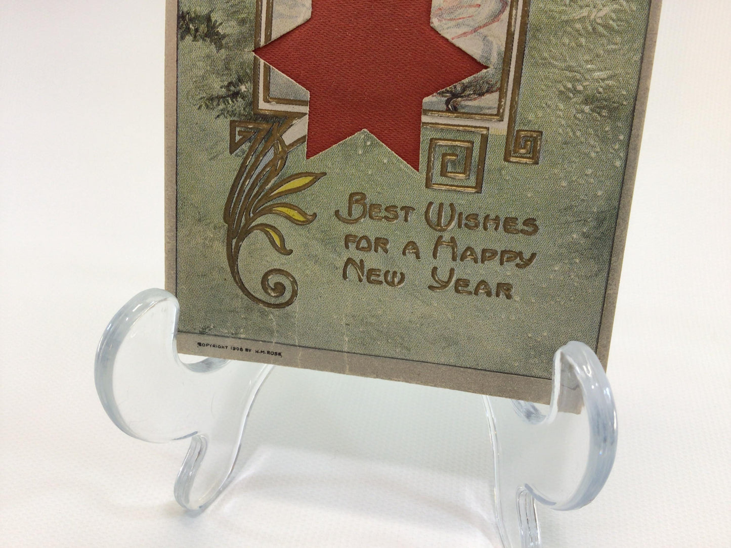Antique New Year Postcard Embossed Cut-out Red Star