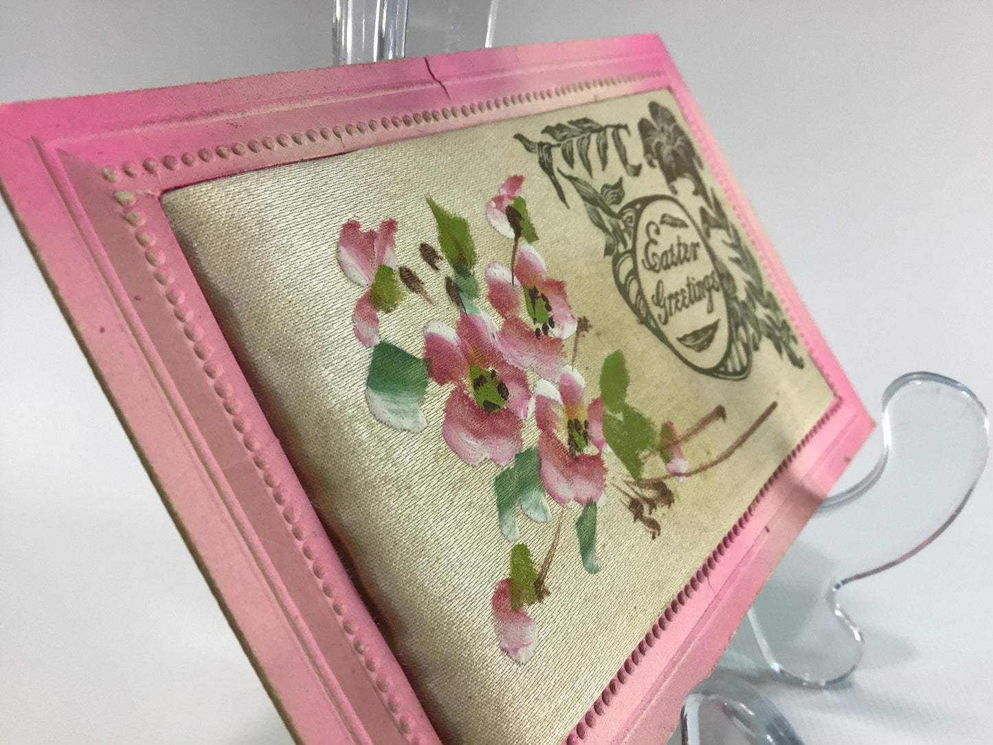 Antique Easter Applied Novelty Postcard Embossed Padded Fabric Floral Motif