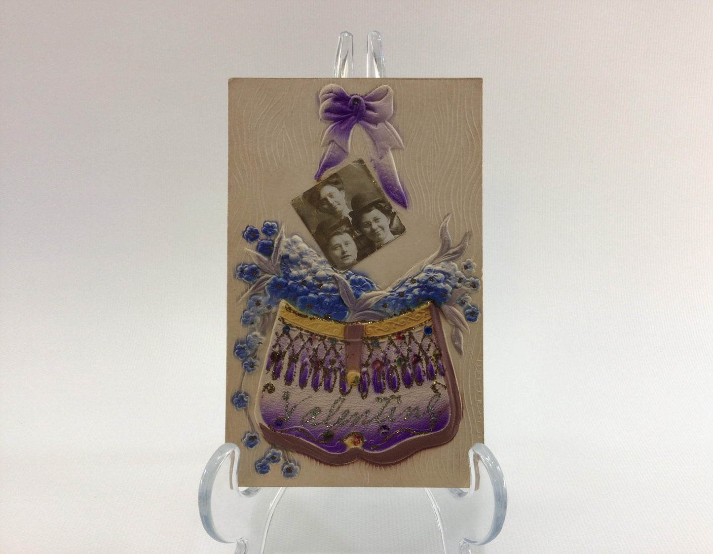 Applique Novelty Valentines Day Postcard Antique Ephemera Airbrush Embossed Relief with Photograph and Glitter Embellishments