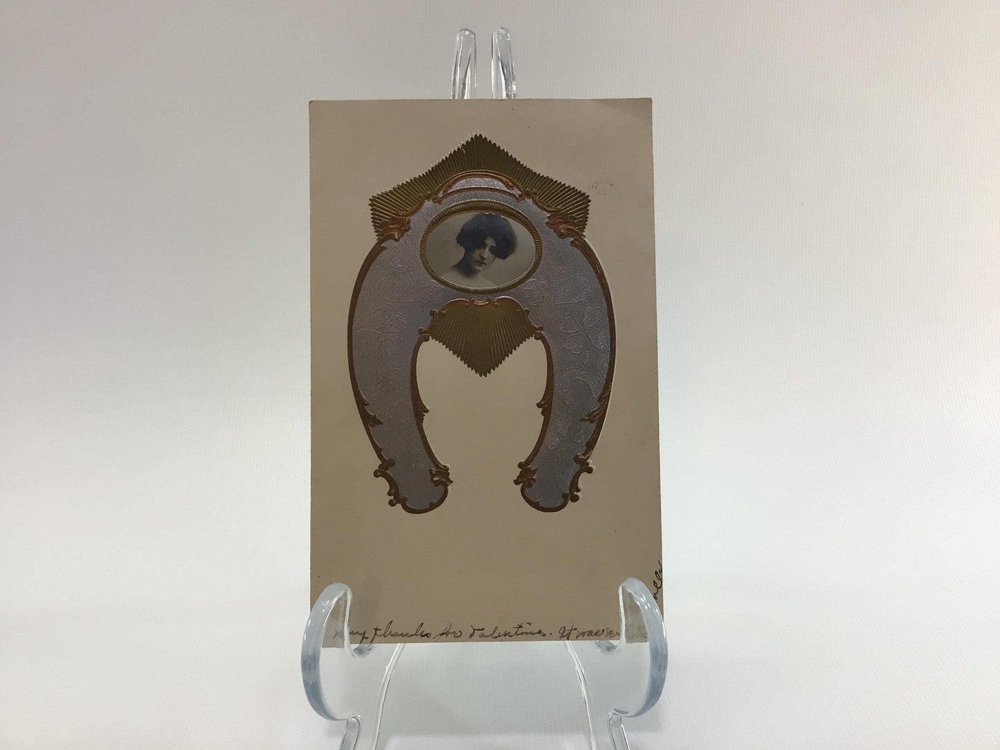 Applique Novelty Valentines Day Postcard Antique Ephemera Embossed Goodluck Horseshoe with Photograph Embellishment