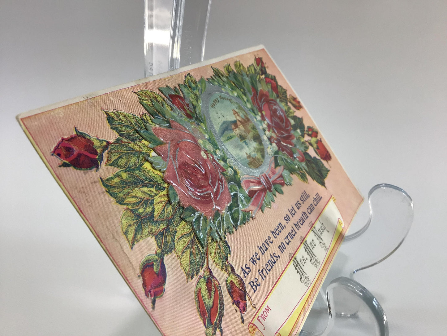 Applique Novelty Valentines Day Postcard Antique Ephemera Embossed with Applied Roses Embellishment