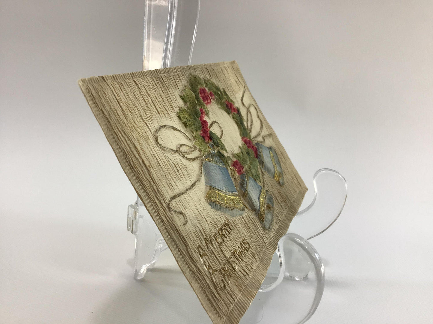 Novelty Christmas Postcard Antique Ephemera Airbrush Embossed Holly Wreath with Blue Bells