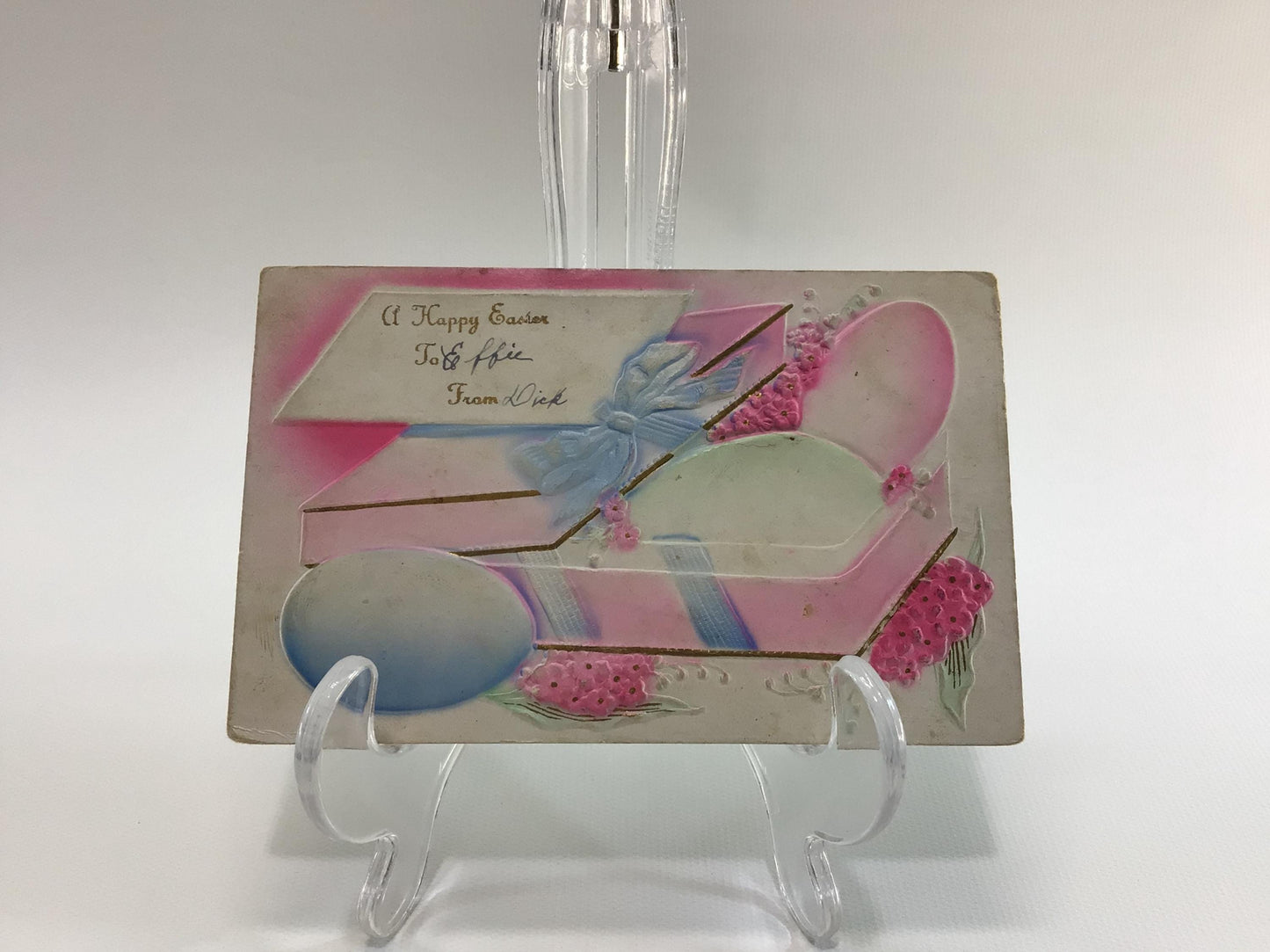 Antique Easter Greetings Novelty Postcard Pink and Blue Airbrush Embossed Colored Eggs